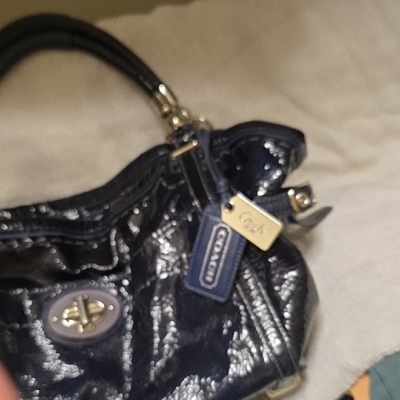Coach Navy Blue Patent Leather Shoulder Bag with Textured Finish And Silver Acc. - Picture 8 of 10